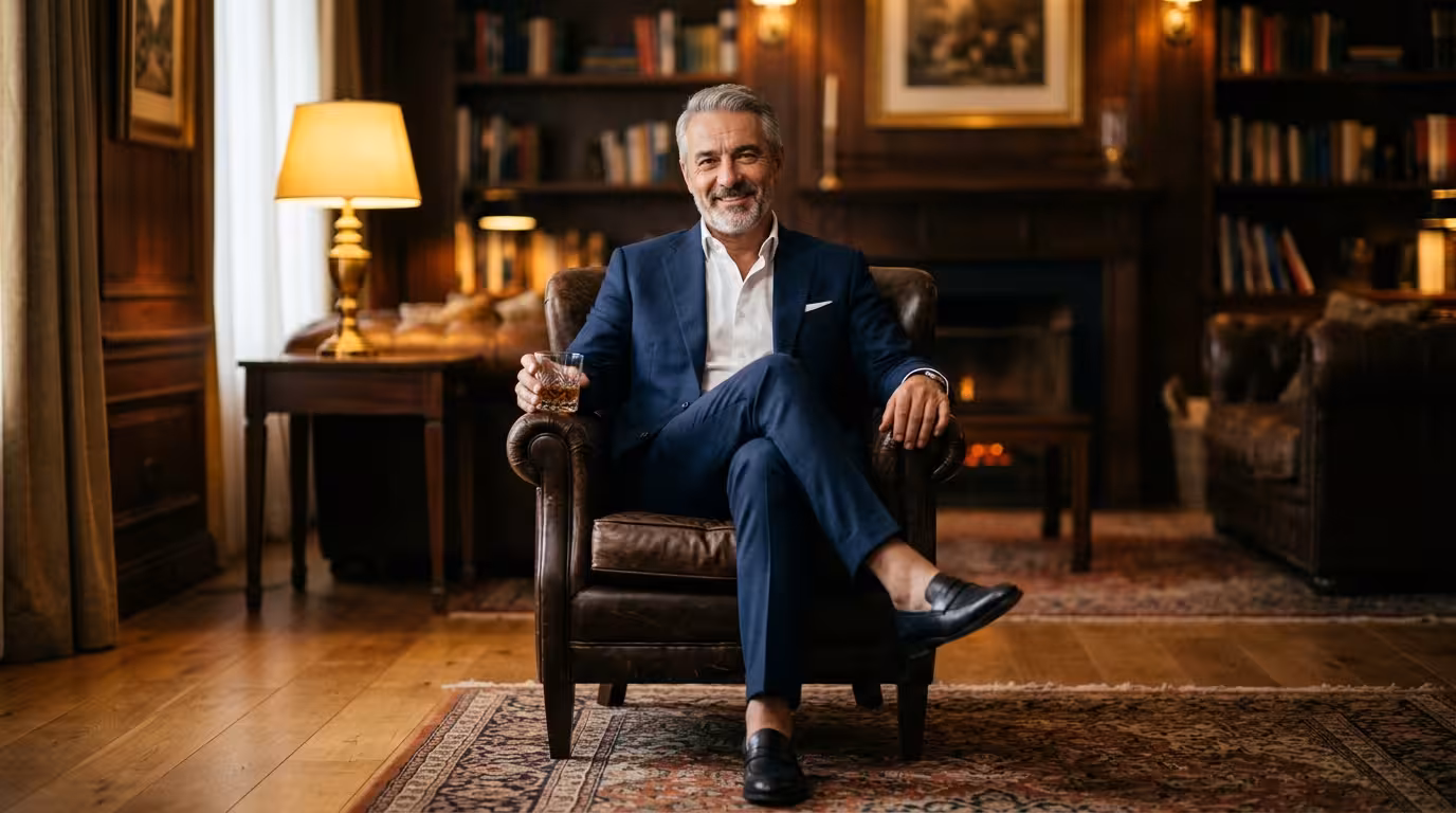 Зрял елегантен мъж, типичен Sugar Daddy, седнал в кресло с усмивка.